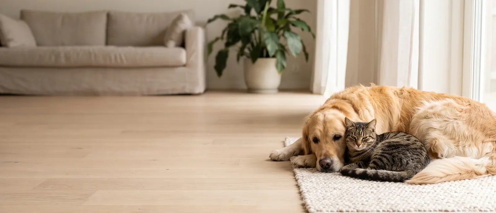 Un chien et un chat allongés ensemble dans un salon