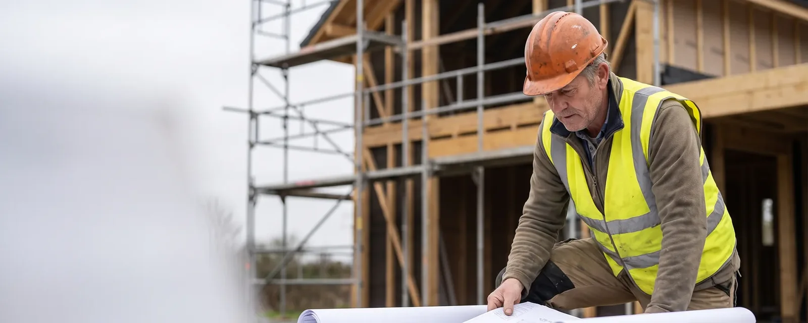 Un artisan consultant des plans sur un chantier