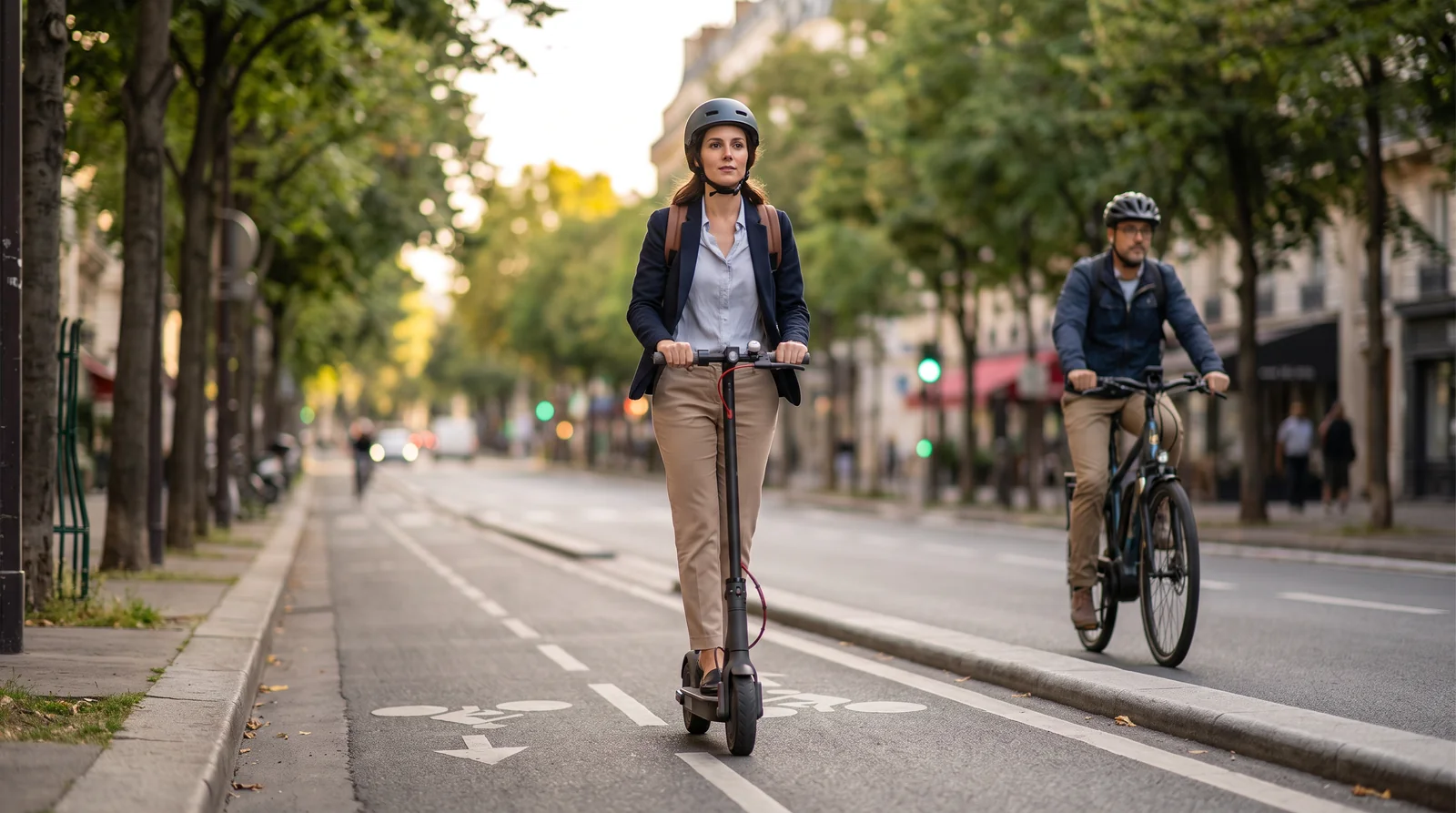 Une personne circule sur une trottinette électrique le long d'une piste cyclable en ville