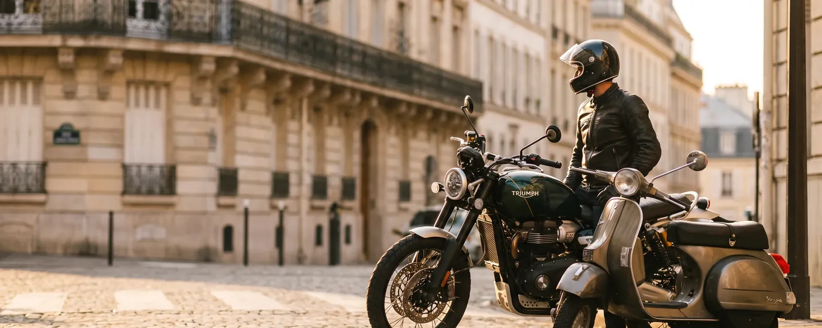 Une moto et un scooter garés dans une rue parisienne