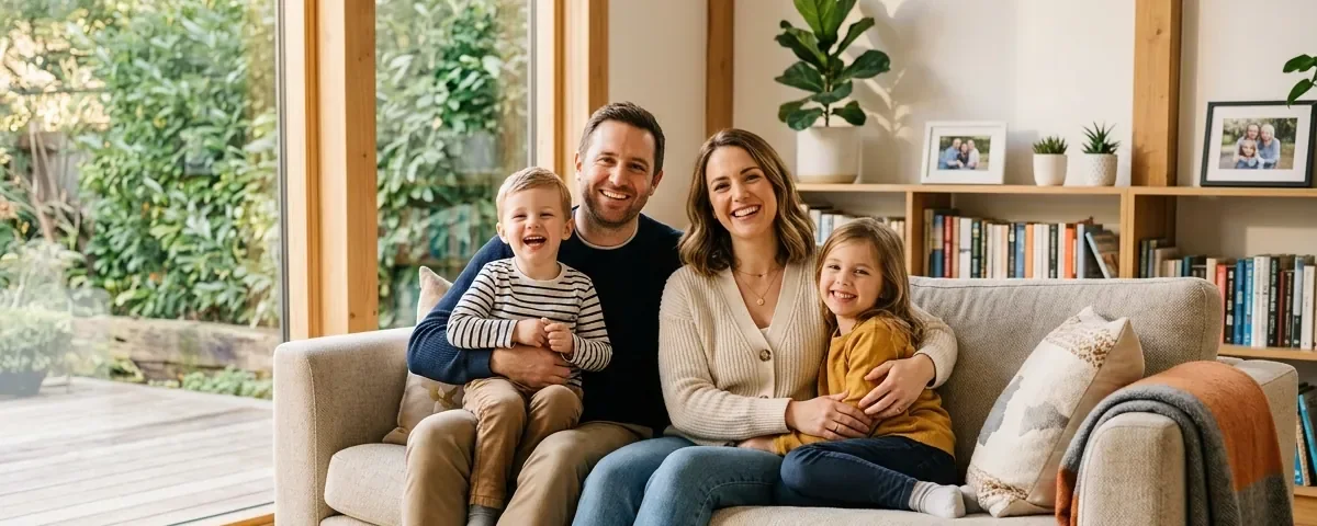 Une famille réunie sur le canapé de son salon