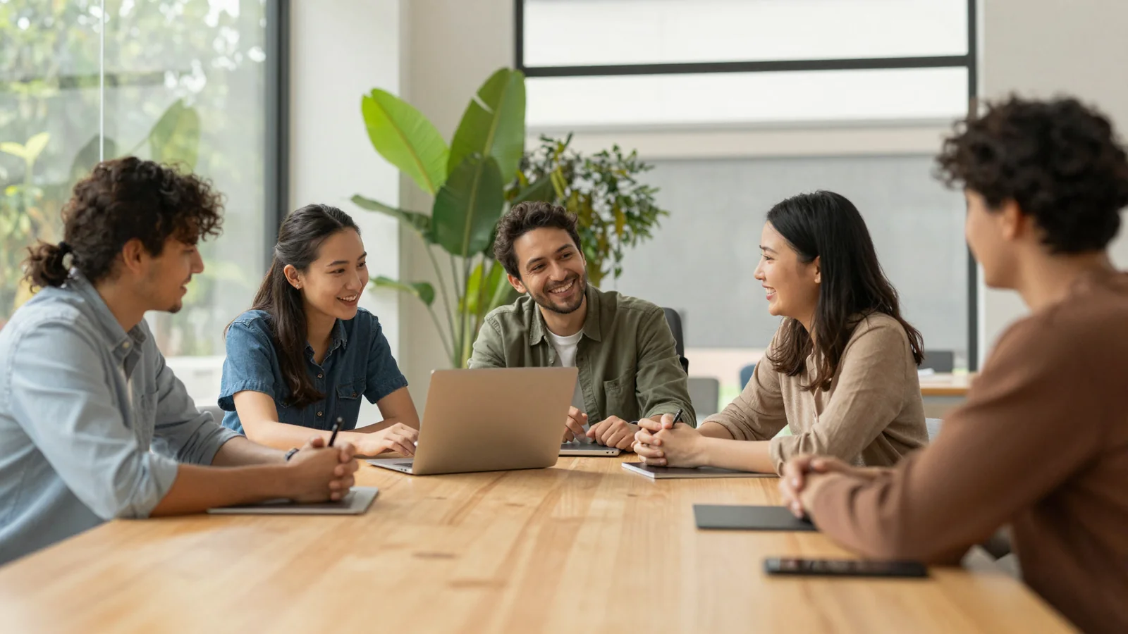 Des collaborateurs réunis autour d'une table dans un bureau lumineux