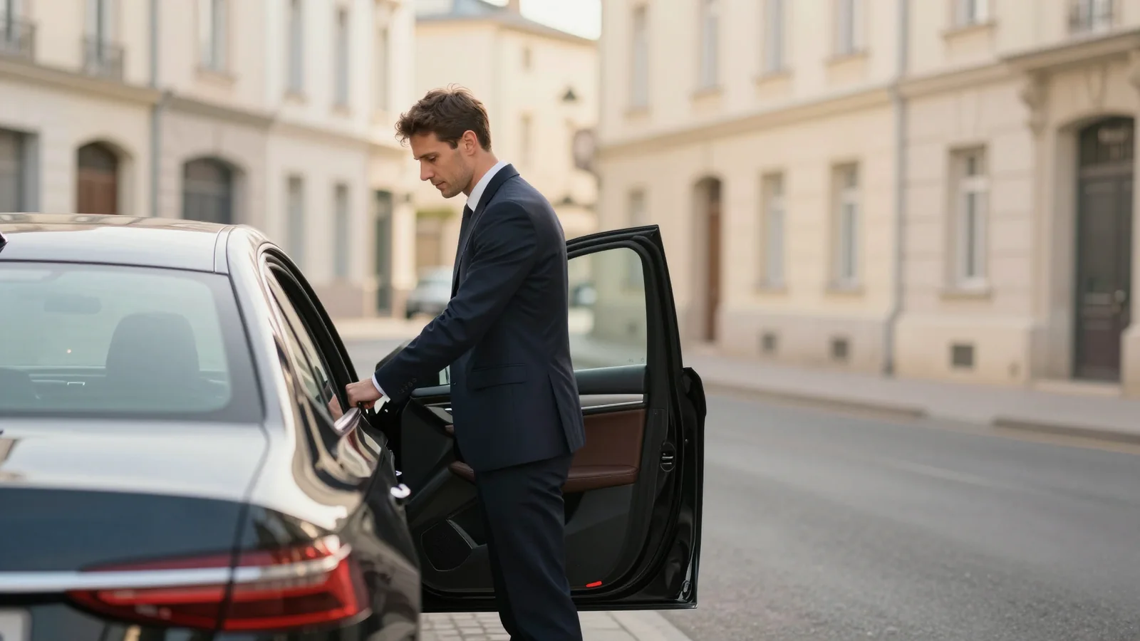 Un chauffeur en costume ouvre la portière arrière d'une berline dans une rue de ville