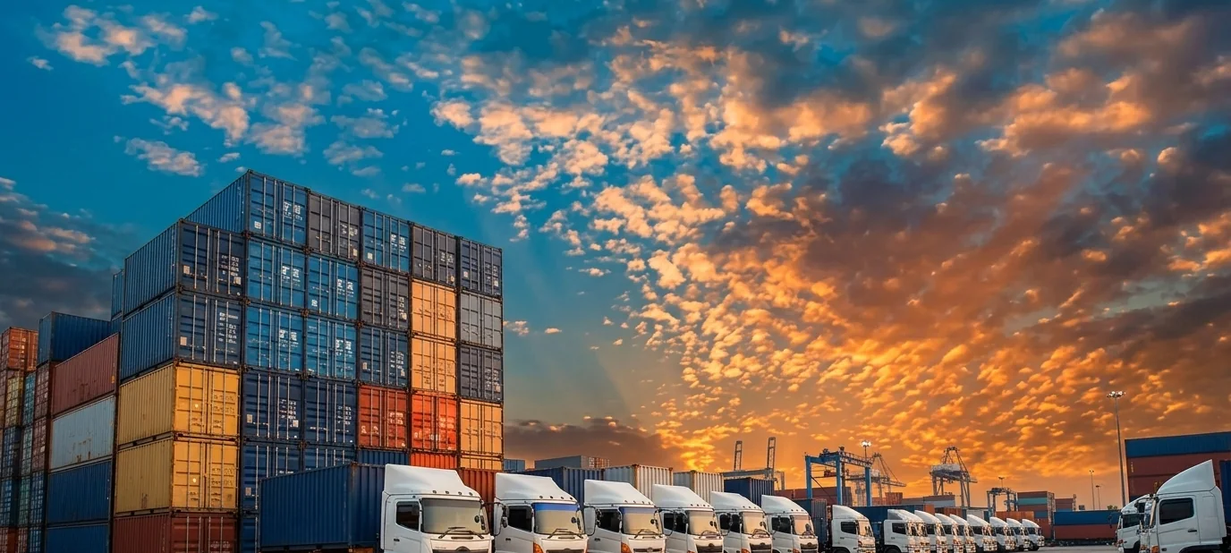 Un terminal logistique au coucher du soleil : conteneurs empilés et camions de livraison alignés