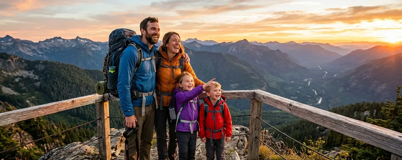 Une famille en randonnée devant un panorama de montagne