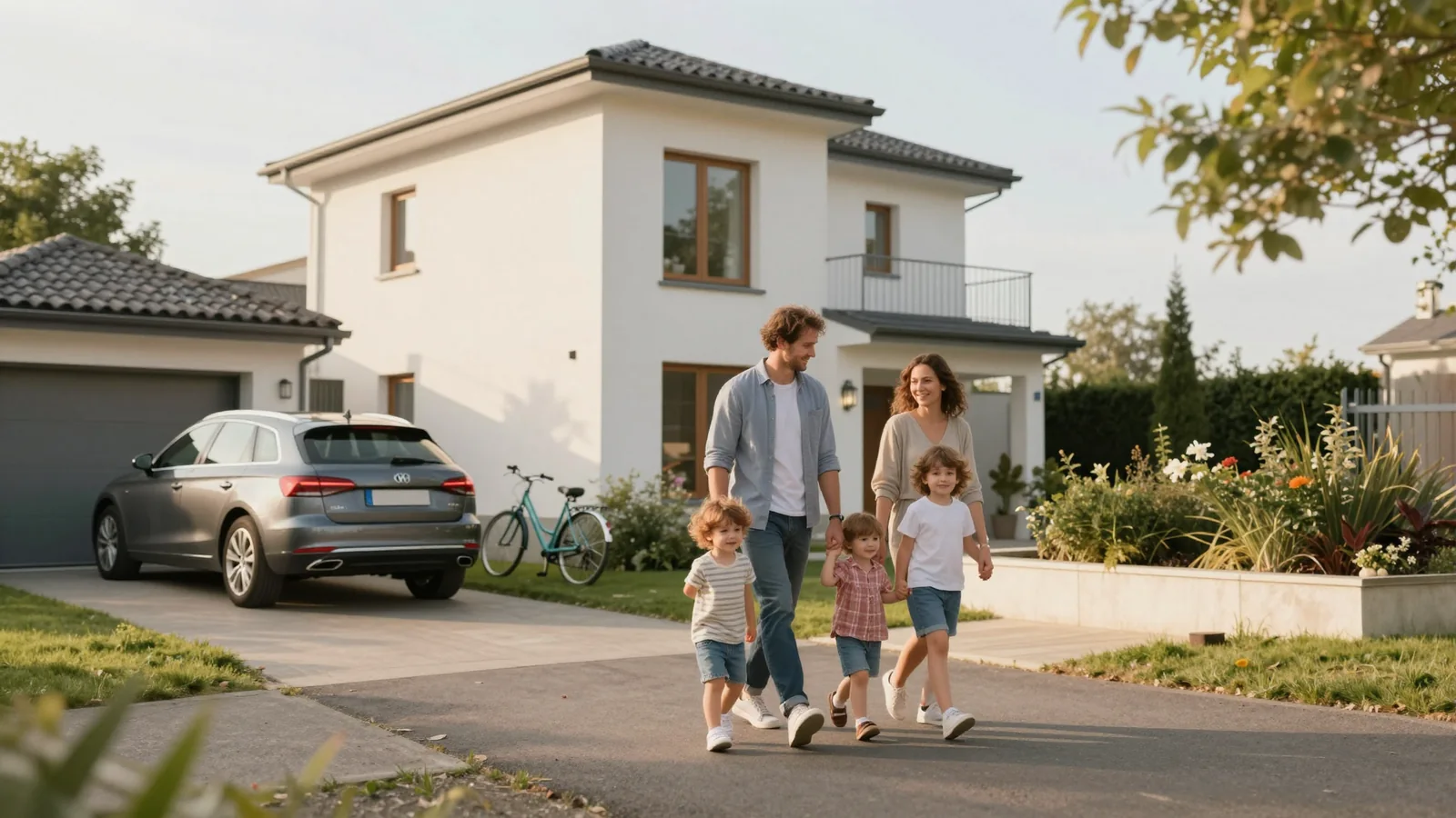 Une famille marche devant sa maison, une voiture et un vélo stationnés dans l'allée