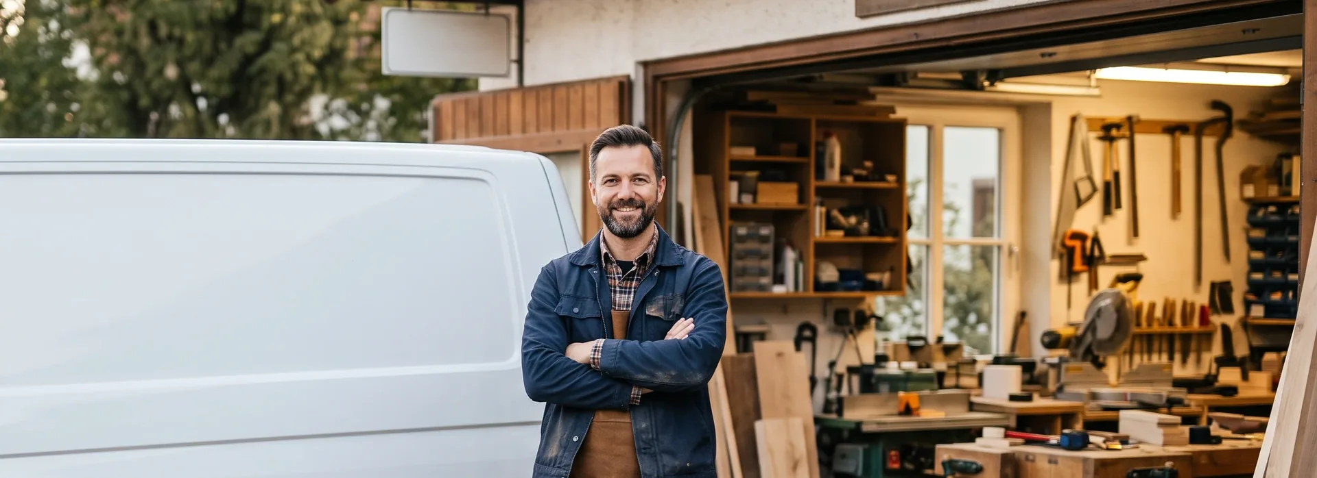 Un artisan devant son atelier et son fourgon utilitaire